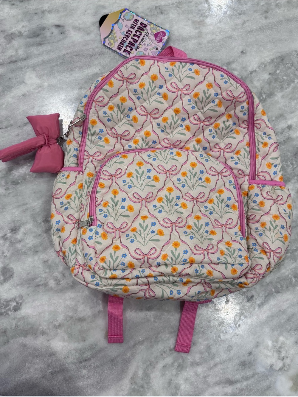 Quilted Floral Girls Backpack in Pink & Bow charm